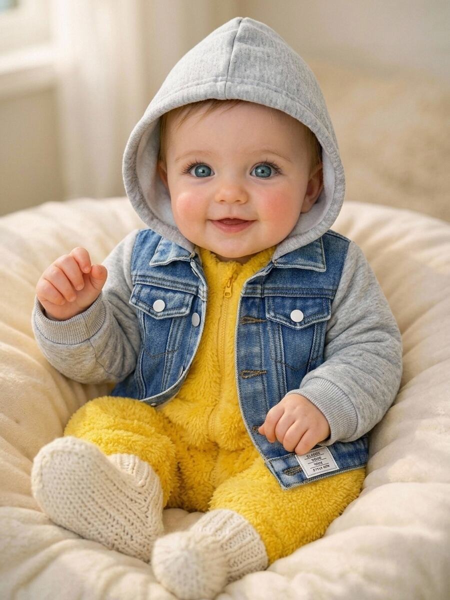 Baby Boy Cute Autumn/Winter Blue Denim Bottoms Spliced With Grey Knitted Hooded Long-Sleeved Jacket - Blue - View 1