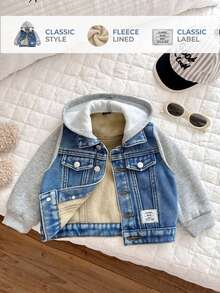 Baby Boy Cute Autumn/Winter Blue Denim Bottoms Spliced With Grey Knitted Hooded Long-Sleeved Jacket - Blue - View 5