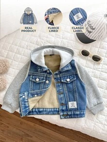 Baby Boy Cute Autumn/Winter Blue Denim Bottoms Spliced With Grey Knitted Hooded Long-Sleeved Jacket - Blue - View 6