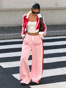 Muchica Women's Drawstring Tie Letter Pattern Striped Knit Printed Sweatpants Pink Check Contrasting Casual Athleisure Athletic Streetwear Fall Y2K Workout - Baby Pink - View 7