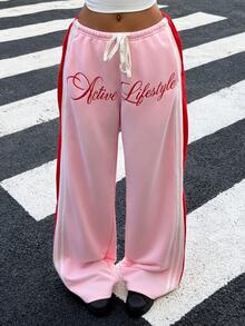 Muchica Women's Drawstring Tie Letter Pattern Striped Knit Printed Sweatpants Pink Check Contrasting Casual Athleisure Athletic Streetwear Fall Y2K Workout - Baby Pink - View 4