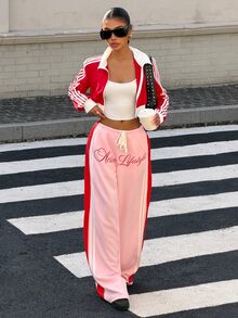 Muchica Women's Drawstring Tie Letter Pattern Striped Knit Printed Sweatpants Pink Check Contrasting Casual Athleisure Athletic Streetwear Fall Y2K Workout - Baby Pink - View 6