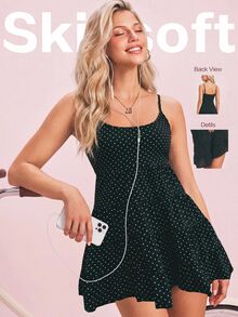SHEIN Sovereign Charm Women's Polka Dot Print Ruffle Hem Camisole Sports Dress - Black - View 1