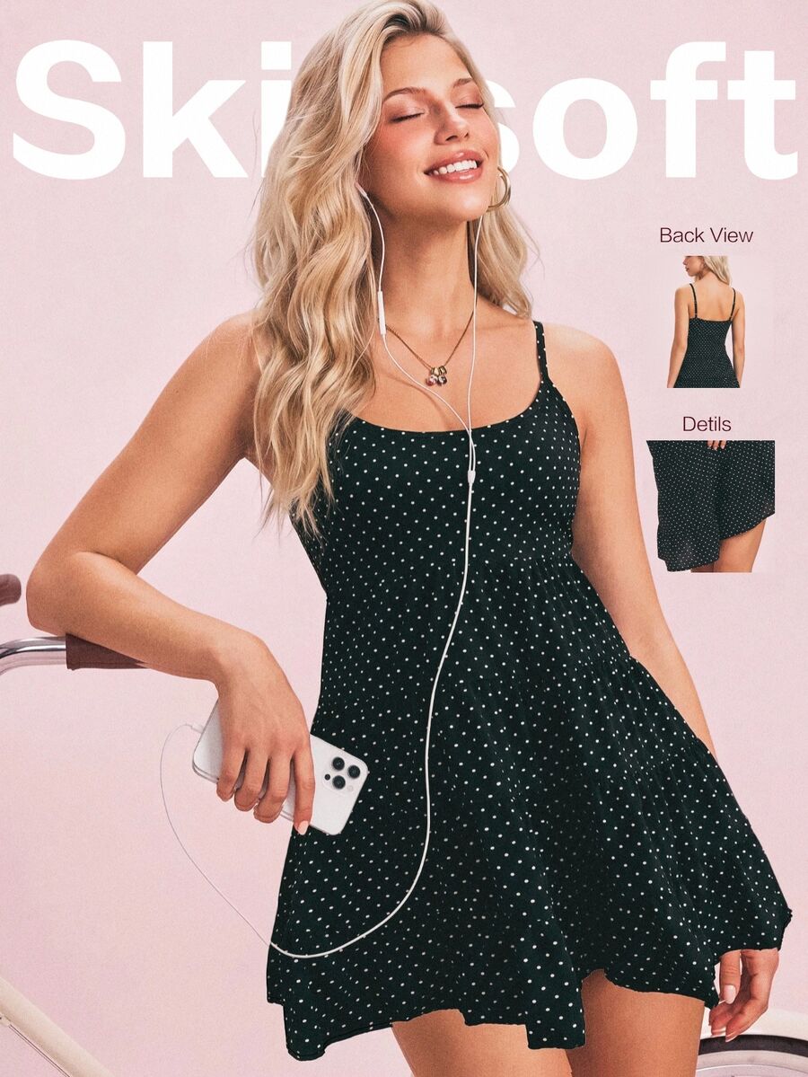 SHEIN Sovereign Charm Women's Polka Dot Print Ruffle Hem Camisole Sports Dress - Black - View 1