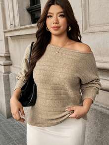 Vionelle Plus Size Women's Fashion Elegant Ribbed Long Sleeve Batwing Sleeve Pullover Sweater Casual Versatile Commute Autumn/Winter Top - Khaki - View 1
