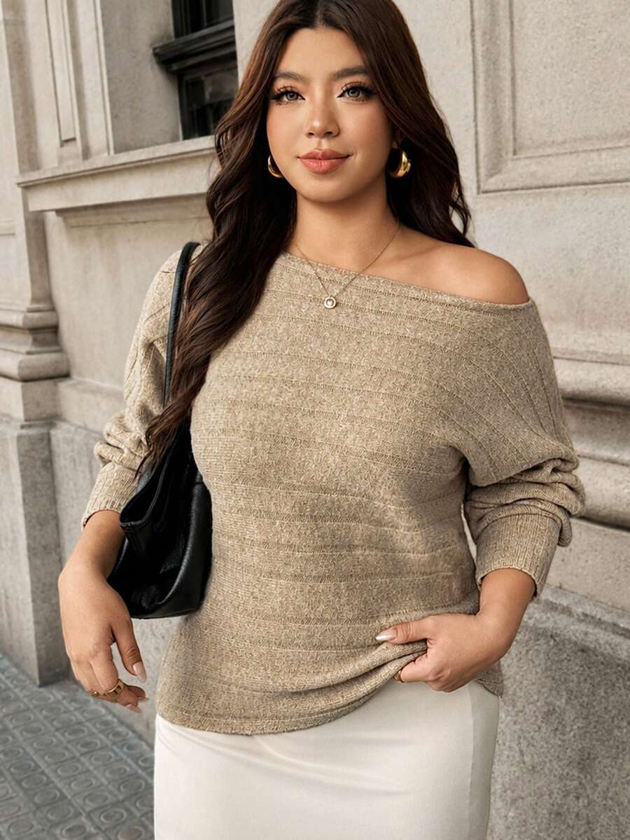 Vionelle Plus Size Women's Fashion Elegant Ribbed Long Sleeve Batwing Sleeve Pullover Sweater Casual Versatile Commute Autumn/Winter Top - Khaki - View 1