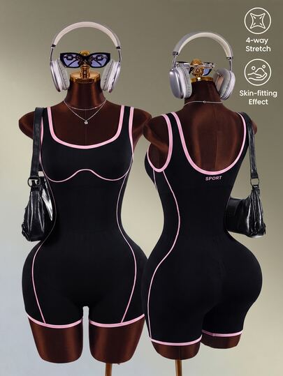 Mistrie 1pc Black Contrast Pink Seamed Women's Short Yoga Jumpsuit, Slim Fit, Suitable For Fitness, Workout, Running, Yoga