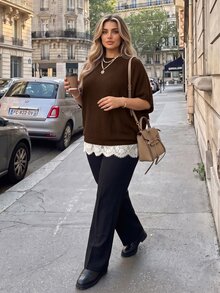 Vionelle Plus Size Women's Batwing Sleeve Lace Patchwork Loose Knit Top, Short Sleeve, Summer Early Autumn - Brown - View 6
