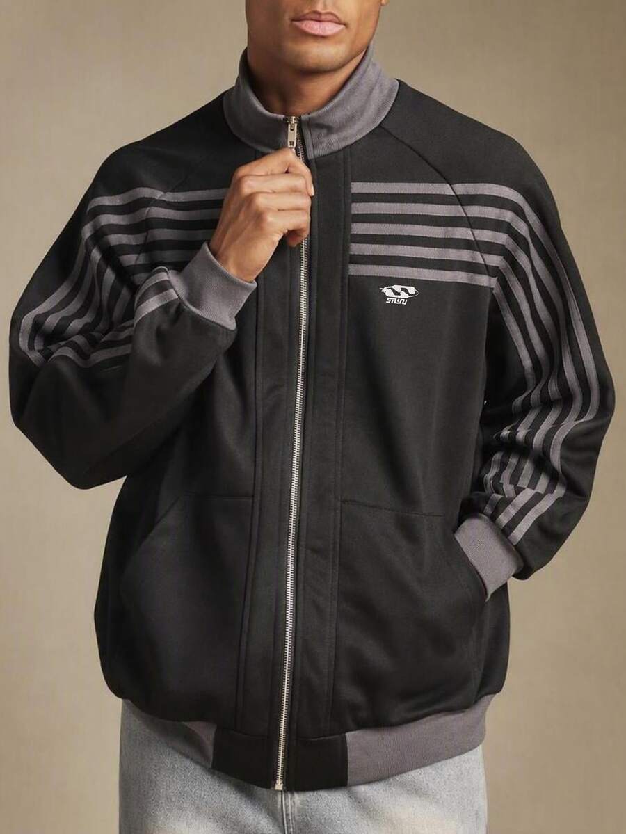 SUMWON Retro Track Jacket With Full Zip Closure Ribbed Collar Grey Stripe Detailing And Side Pockets Classic Casual Streetwear Style - Black - View 1