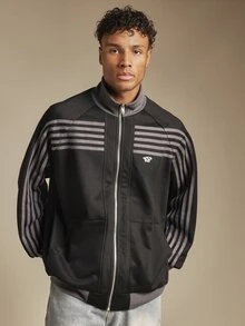 SUMWON Retro Track Jacket With Full Zip Closure Ribbed Collar Grey Stripe Detailing And Side Pockets Classic Casual Streetwear Style - Black - View 4