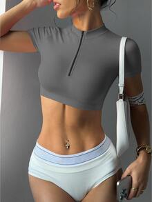SHEIN Sovereign Charm 女士纯色立领修身半拉链短袖瑜伽运动T恤健身上衣女士健身服女士服装运动健身装备女士健身衫 - 灰色 - 查看 2