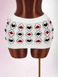 Amplova Ultra Low Waist Women's Knitted Heart Poker Card Crochet Mini Skirt - White - View 12