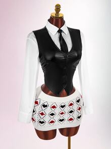 Amplova Ultra Low Waist Women's Knitted Heart Poker Card Crochet Mini Skirt - White - View 4