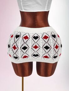 Amplova Ultra Low Waist Women's Knitted Heart Poker Card Crochet Mini Skirt - White - View 8