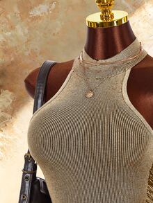 Amplova Knitted Halter Neck Mushroom Button Sleeveless Bodycon Mini Dress With Distressed Hem, Two-Tone For Women, Y2K Style For Dating And Daily Wear - Brown - View 6