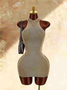 Amplova Knitted Halter Neck Mushroom Button Sleeveless Bodycon Mini Dress With Distressed Hem, Two-Tone For Women, Y2K Style For Dating And Daily Wear - Brown - View 5