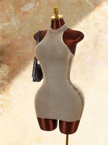 Amplova Knitted Halter Neck Mushroom Button Sleeveless Bodycon Mini Dress With Distressed Hem, Two-Tone For Women, Y2K Style For Dating And Daily Wear - Brown - View 12