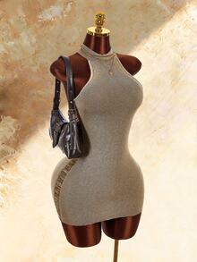 Amplova Knitted Halter Neck Mushroom Button Sleeveless Bodycon Mini Dress With Distressed Hem, Two-Tone For Women, Y2K Style For Dating And Daily Wear - Brown - View 3