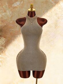 Amplova Knitted Halter Neck Mushroom Button Sleeveless Bodycon Mini Dress With Distressed Hem, Two-Tone For Women, Y2K Style For Dating And Daily Wear - Brown - View 4