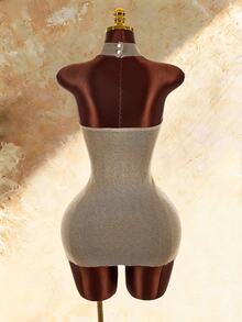 Amplova Knitted Halter Neck Mushroom Button Sleeveless Bodycon Mini Dress With Distressed Hem, Two-Tone For Women, Y2K Style For Dating And Daily Wear - Brown - View 10