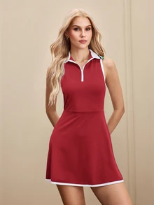 SHEIN Cheerettes Women's Colorblock Zipper Half-Placket Sleeveless Sports Dress Sportswear Gym Workout Activewear For Autumn - Red - View 2