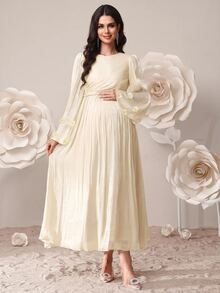 SHEIN Elegant Maternity Dress With 3D Floral Decoration And Pleated Design Fall - Apricot - View 4