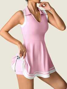 SHEIN Sovereign Charm Women's Pink And White Golf Dress,Sleeveless Polo Collar Yoga Athletic Dress With Pockets,Summer Casual Fitted Sport Running Workout Fitness Outfit - Pink - View 5