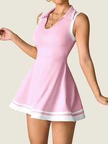SHEIN Sovereign Charm Women's Pink And White Golf Dress,Sleeveless Polo Collar Yoga Athletic Dress With Pockets,Summer Casual Fitted Sport Running Workout Fitness Outfit - Pink - View 6