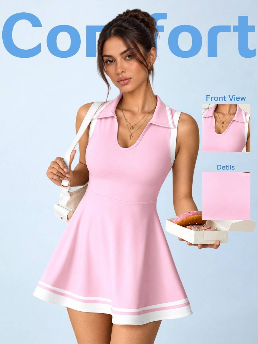 SHEIN Sovereign Charm Women's Pink And White Golf Dress,Sleeveless Polo Collar Yoga Athletic Dress With Pockets,Summer Casual Fitted Sport Running Workout Fitness Outfit