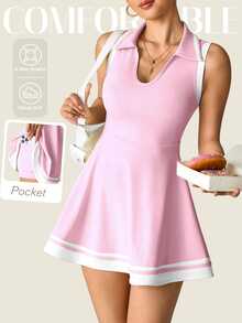 SHEIN Sovereign Charm Women's Pink And White Golf Dress,Sleeveless Polo Collar Yoga Athletic Dress With Pockets,Summer Casual Fitted Sport Running Workout Fitness Outfit - Pink - View 4