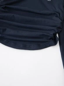 SHEIN 青少年女孩拼色領長袖休閒學院風騎士印花T恤，秋季返校上衣，海軍藍與白色 - 藏蓝色 - 查看 8