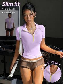 SHEIN Sovereign Charm 女款春夏粉色修身對比色半拉鍊立領短袖運動衫，前胸對比色織帶拼接與分割線設計，時尚休閒風，適合跑步、瑜伽、健身房、網球、高爾夫 - 紫色 - 查看 6