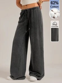 SHEIN Tall Women's Casual Low Waist Straight Leg Sweatpants, Suitable For Autumn/Winter, Washed - Black - View 1