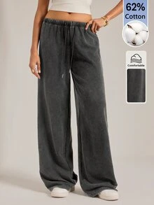 SHEIN Tall Women's Casual Low Waist Straight Leg Sweatpants, Suitable For Autumn/Winter, Washed - Black - View 5