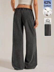 SHEIN Tall Women's Casual Low Waist Straight Leg Sweatpants, Suitable For Autumn/Winter, Washed - Black - View 2