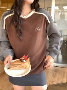DAZY Women's Brown Colorblock V-Neck Letter Print Loose Drop Shoulder Long Sleeve Casual Versatile Pullover Sweatshirt - Coffee Brown - View 4