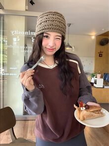 DAZY Women's Brown Colorblock V-Neck Letter Print Loose Drop Shoulder Long Sleeve Casual Versatile Pullover Sweatshirt - Coffee Brown - View 2