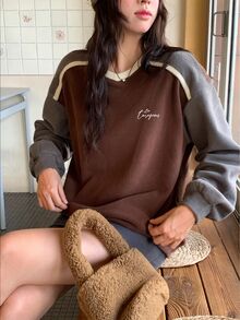 DAZY Women's Brown Colorblock V-Neck Letter Print Loose Drop Shoulder Long Sleeve Casual Versatile Pullover Sweatshirt - Coffee Brown - View 8