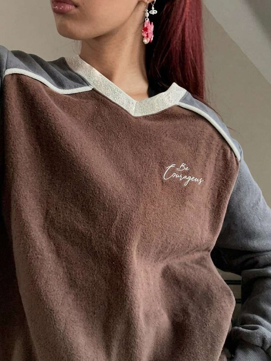 DAZY Women's Brown Colorblock V-Neck Letter Print Loose Drop Shoulder Long Sleeve Casual Versatile Pullover Sweatshirt - Coffee Brown - View 1