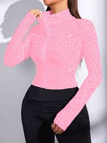 Sovereign Charm Sovereign Charm Women's Leopard Print Zipper Front Long Sleeve Slim Fit Athletic Jacket - Pink - View 6