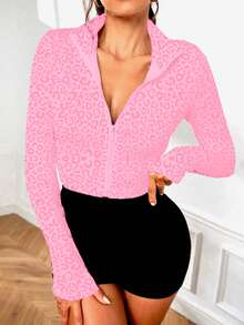 Sovereign Charm Sovereign Charm Women's Leopard Print Zipper Front Long Sleeve Slim Fit Athletic Jacket - Pink - View 5
