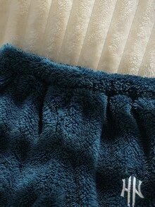兒童男童拼色拼接珊瑚絨套裝，字母刺繡毛絨長袖上衣與收口長褲，休閒日常穿搭，時尚兩件套，適合秋冬 - 藍色 - 查看 6