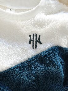 兒童男童拼色拼接珊瑚絨套裝，字母刺繡毛絨長袖上衣與收口長褲，休閒日常穿搭，時尚兩件套，適合秋冬 - 藍色 - 查看 7