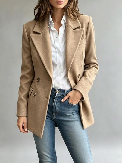 SHEIN Light Luxury Minimalist Double-Breasted Waist-Cinching Padded Shoulder Pocket Design Women's Blazer, Women's Winter Coat, Women's Office Wear, Holiday Wear, Back To School, Christmas, Outing Wear, Camel Overcoat