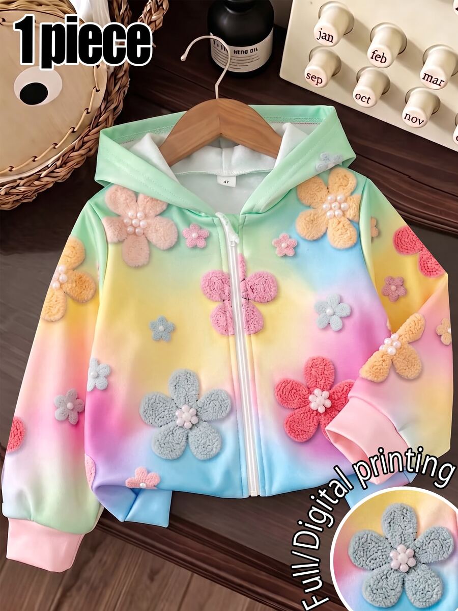 少女款 1件裝花卉印花拉鍊連帽衛衣,舒適秋季休閒日常上衣 - 彩色 - 查看 1
