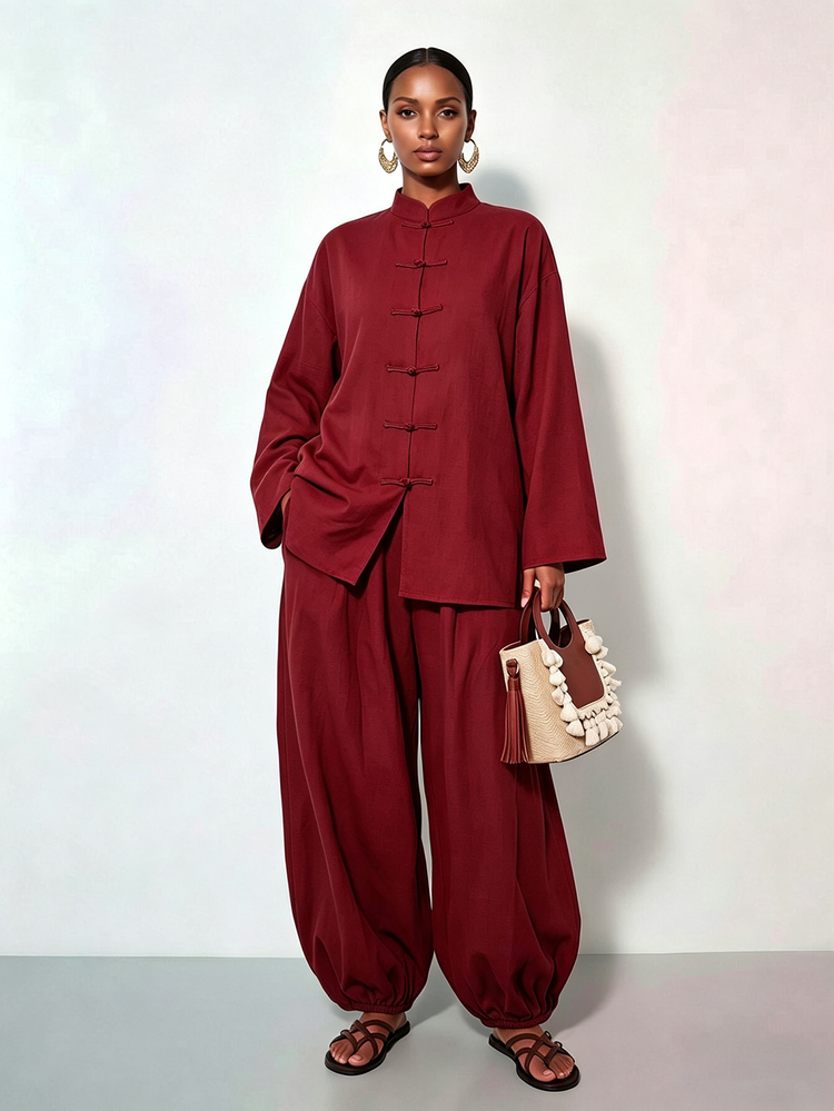 Zivah New Loose Linen New Chinese Style Button-Up Top + Lantern Trousers Women's Two Pieces Set - Burgundy - View 7