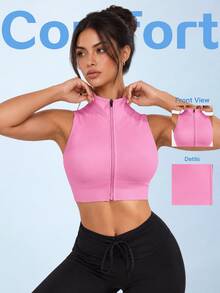 SHEIN Sovereign Charm 纯色无缝高弹力短款运动背心 - 粉色 - 查看 1