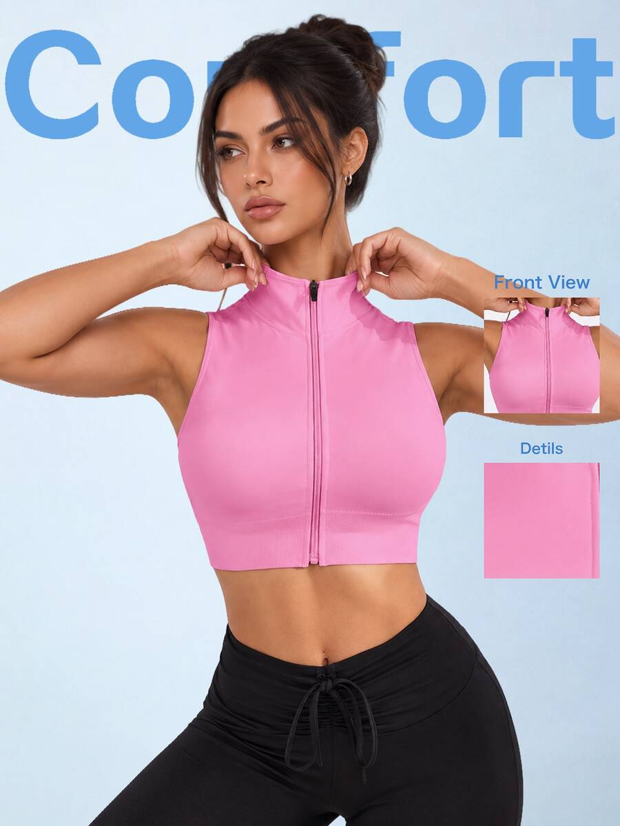SHEIN Sovereign Charm 纯色无缝高弹力短款运动背心 - 粉色 - 查看 1