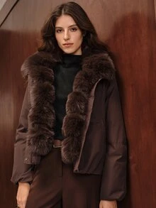 Anewsta Women's Solid Color Long Sleeve Casual Fur Collar Parka Winter Jacket - Coffee Brown - View 5
