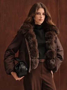 Anewsta Women's Solid Color Long Sleeve Casual Fur Collar Parka Winter Jacket - Coffee Brown - View 4